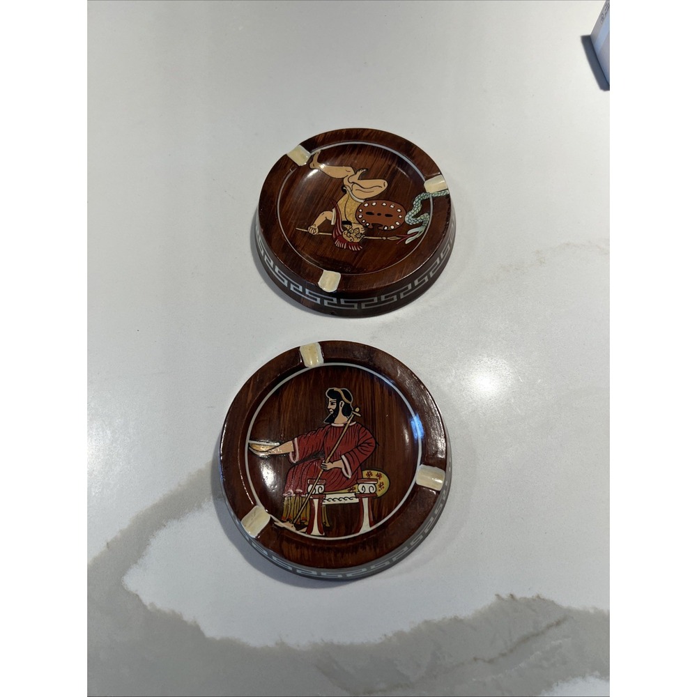 Vintage Zeus Ancient Greek God Rare Art Pottery Ashtray Hercules 2X Hand Painted